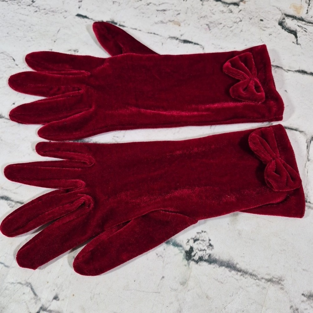 Vintage Lauer Womens Driving Gloves Red Velvet Bows One Size Evening Retro Fancy - Picture 2 of 8